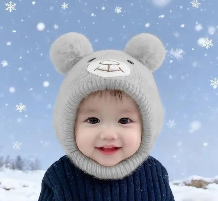 Image of Richmen Baby Boys Girls Winter Knit Cap Hat Soft Fleece Woolen Hat | Monkey Cap with Cute Ear Details Unisex Kids Winter Hat (1 to 8 Years)