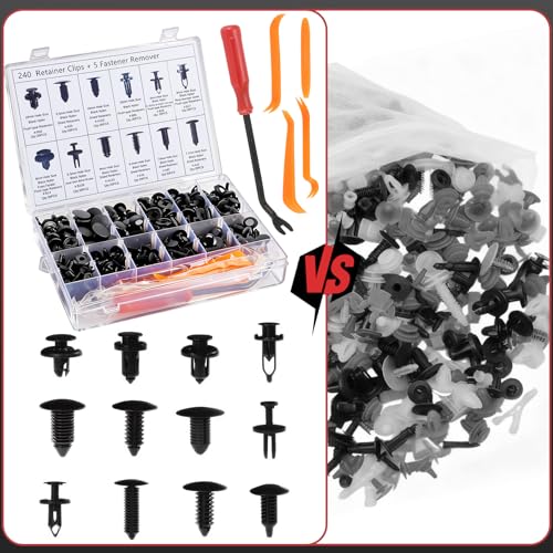 Image of 245Pcs Car Retainer Clips & Tools All-in-One Kit - 240 Black Push Pins (12 Sizes) with 5 Orange Pry Bars Stored Inside Box. Portable Bumper Fender Fastener Set for GM Ford (245Pcs)