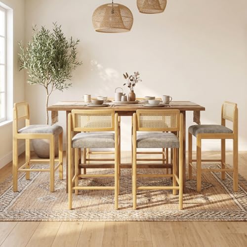 CIMOTA Rattan Bar Stools Set of 6, Counter Height Bar Stools with Solid Wood Frame, Upholstered Kitchen Island Stools with Cane Back, Modern Coastal Bar Chairs for Kitchen Island/Bar, Chenil