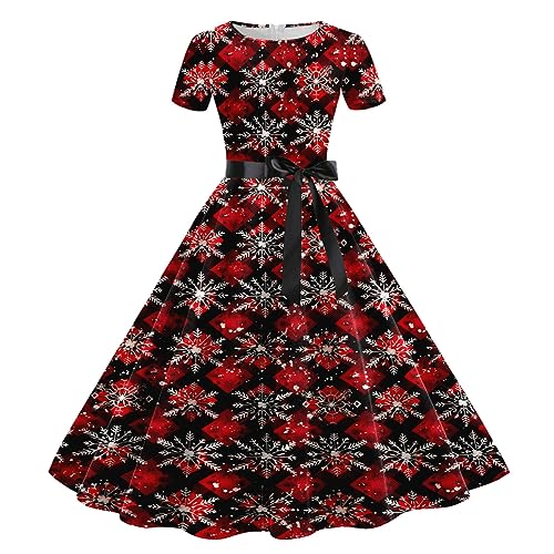 Kleid Weihnachten Damen Kurzarm, Christmas Dress Frauen Rot- Weihnachtskleid Weihnachts Partykleid Rockabilly Vintage A Linien Swing Cocktailkleid...