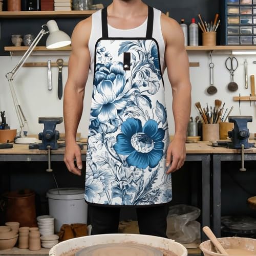 Delantal Floral Azul y Blanco con 8 Bolsillos para Taller miniatura 4