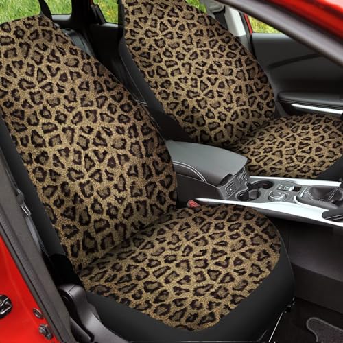 Image of Car Front Seat Cover Set of 2, Brown Leopard Print Auto Universal Interior Accessories, Thin Front Automobile Seat Cover