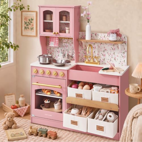 Image of Tiny Land Wooden Play Kitchen for Kids with Toy Storage for Pretend Play