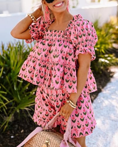 Image of ROAONOCOMO Women Floral Pajama Set Ruffle Puff Sleeve Peplum Shirt Coquette Pj Set Bow Babydoll 2 Piece Shorts Outfit