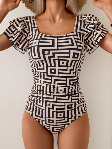 Image of Eomenie Women's Tummy Control One Piece Swimsuit Ruffle Square Neck Bathing Suit Ruched Cutout Back Slimming Swimwear