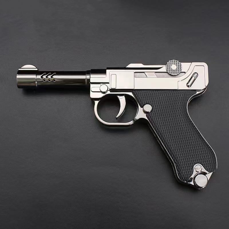 Image of Antique Pistol Shaped Gun Lighter, Metalic Finish with Black Grip, Windproof Blue Jet Flame Torch Lighter, Refillable and Adjustable Flame Gas Lighter (Random Color - Brown /Green /Silver)