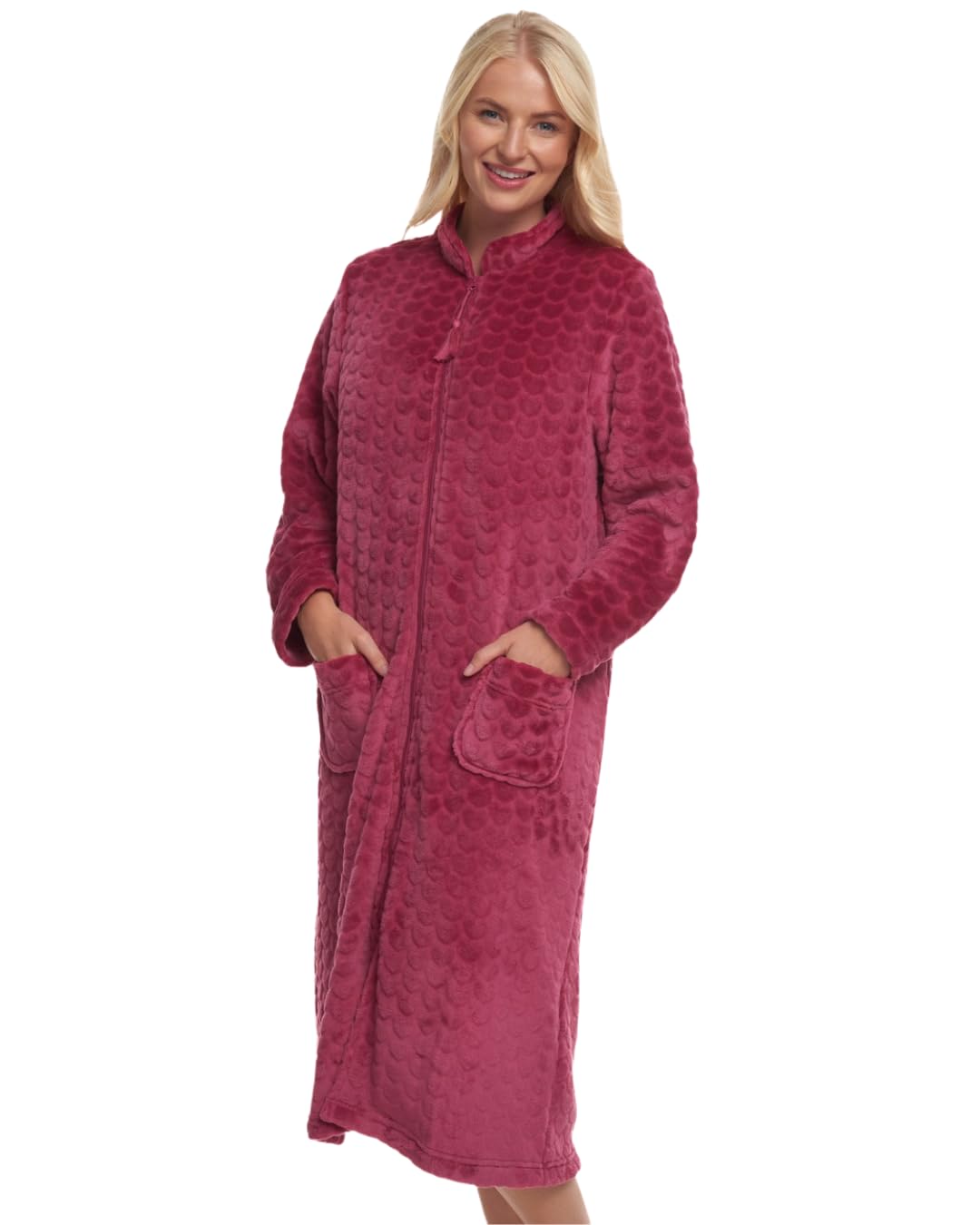 Suzy & Me Ladies Zip Front Soft Embossed Fleece Dressing Gown (UK, Numeric, 20, 22, Regular, Regular, RASPBERRY)