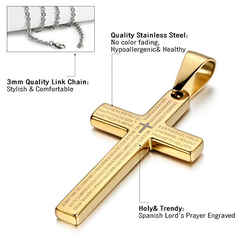 Cupimatch Mens Gold Tone Cross Necklace Stainless Steel Pendant Religious Lord's Prayer Cross Pendant With 22" Chain #TOP3
