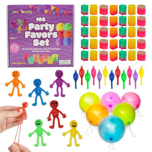 108 Pcs Prizes, 36 of Each, Punch Balloons, Mini Coil Spring, Stretchy Bendable Man, Birthday Party Favor Sets for Kids, Sensory Fidget Treasure Chest Prize Box Toys for Classroom