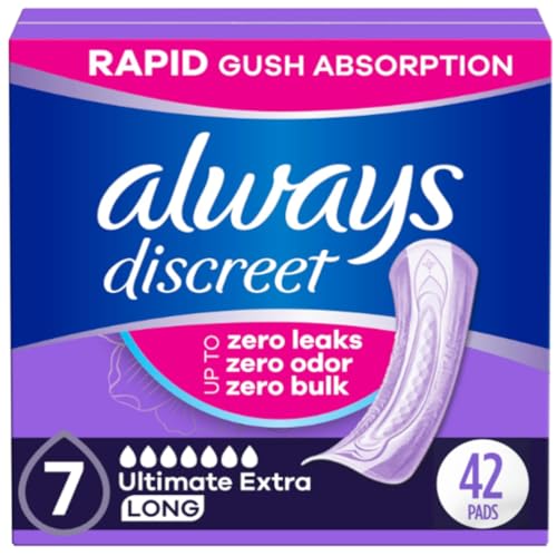 Image of Always Discreet Adult Incontinence Pads for Women, Ultimate Extra Absorbency, Long Length, Postpartum Pads, 42 Count