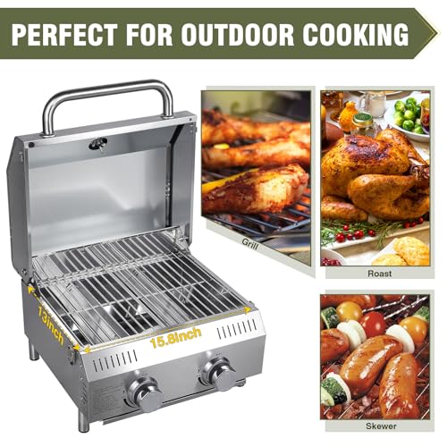 Image of Bestfire Tabletop Propane Gas Grill 2 Burners, 20,000 BTUs Stainless Steel Portable Propane Grill with Legs for Outdoor Patio Backyard Camping, Tailgating, and RV Trips