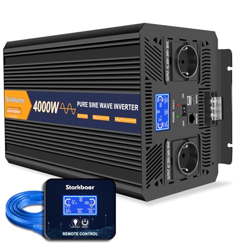 Starkbaer 4000W /8000W Wechselrichter 12v auf 230v Reiner Sinus Spannungswandler Power Inverter KFZ Konverter mit LCD-Bildschirm,Fernbedienung,2 EU AC Steckdosen,1 Type-C und 1 USB Anschlüsse
