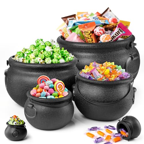 Zesua Halloween Decorations - 6 in 1 Package Large Black Plastic Witches Cauldron - Cauldron Candy Bowl, Trick or Treat, Cauldron Pot for Indoor Outdoor Party Table Decor