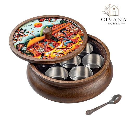 Image of Wooden Spice box for kitchen with spoon, Mango wood box with 7 Steel containers | Masala box for kitchen | Masala Dani | Best Gift (Red Masala Box)