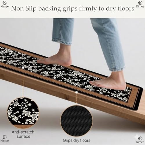 Image of KIMEE 2-Piece Kitchen Mat Set - Kitchen Floor Rugs, Non-Slip & Easy to Clean Water Absorbing Runner Comfort Mats for Kitchen, Laundry, Office (Black Border FlowerPattern, 120cm x 60cm + 60cm x 40cm)