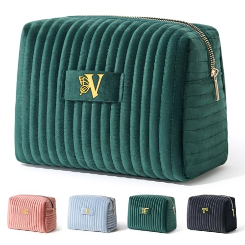 Image of COSHAYSOO Birthday Gifts for Teens College Big Sister Girls Trip Gifts Favors Travel Makeup Bag Quilted Make Up Pouch Initial Velvet Cosmetic Case with Butterfly Decorations for Women Green Letter V