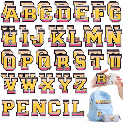 WILLBOND 52 Pcs Back to School Alphabet Patches Pencil Self Adhesive Iron on Student Teacher Letter Patch Embroidered Applique Yellow Alphabet Sticker Classroom Decor DIY Name Tag Clothes Backpack Bag