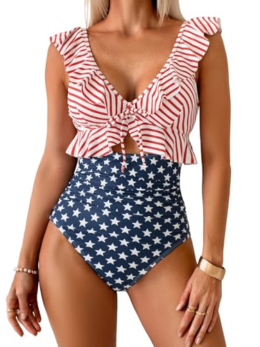 Image of Eomenie One Piece Swimsuit for Women Tummy Control Ruffle Bathing Suit V Neck Ruched Swim Suit Slimming Cutout Swimwear