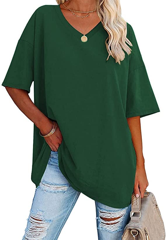 Ebifin Damen Oversize T Shirt mit V-Ausschnitt Kurzärmeliges Casual Lockere Basic Sommer Tee Shirts Bluse.Grün.XL