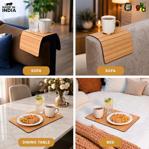 Image of Gift Kya De Sofa Armrest Rectangular Tray Table | Bamboo Finish Couch Arm Table | Non-Slip Tray for Remote, Snacks, Coffee | Compact & Foldable | 15x10 Inch | Made in India (Medium)