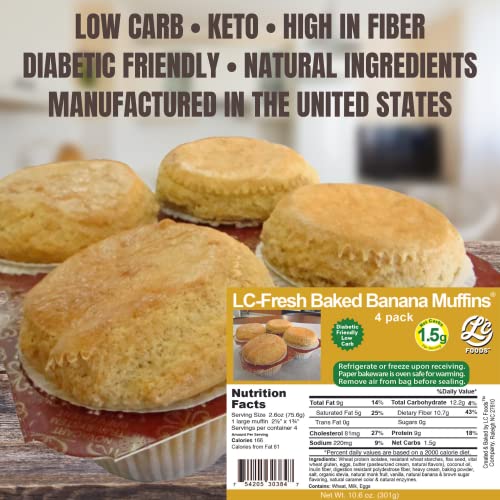 Lc Foods Low Carb Banana Muffins (4 Pack) Just 1.5 Net Carbs Per Muffin | Fresh Baked | Sugar-Free | No Preservatives | No Artificial Sweeteners | Diabetic Friendly | Snacks For Kids & Adults (10.6Oz) #TOP5