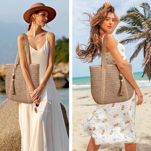 Image of Beach Bags for Women - Straw Bag with Zipper, Soft Woven beach bag, Casual Straw Shoulder Bag for Daily Use