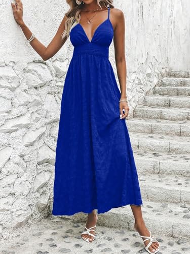 Image of Milumia Women's Summer V Neck Backless Maxi Dress Boho Spaghetti Strap A Line Flowy Beach Long Sundress