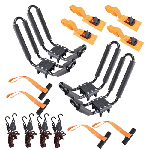 Kayak Roof Rack 2 Pairs Heavy Duty J-Bar Carrier Holder for Canoe, SUV, Cars, Truck, Surf Ski, Tie-Mount on Car Roof Top Crossbar for Trip - Includes 8 Pcs Ratchet, Set of 4