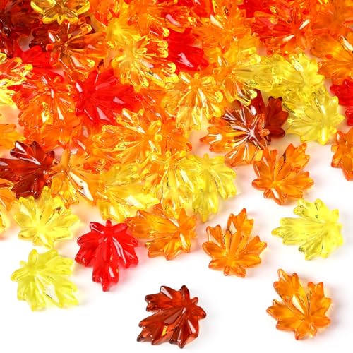 BOARDFEB 60Pcs Thanksgiving Ornaments, Maple Leaves Vase Filler Acrylic Crystals Gems Table Scatters for Fall Autumn Halloween Decoration Party Favors Craft Supplies