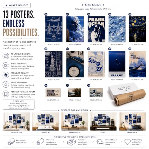 Image of 12 Piece Blue Aesthetic Poster Set | 300 GSM Multi-Sized Wall Posters with Adhesive Tape | Music, Ocean, Space & Vintage Art Prints for Bedroom, Room Decor, Home Decor, Living Room & Wall Art