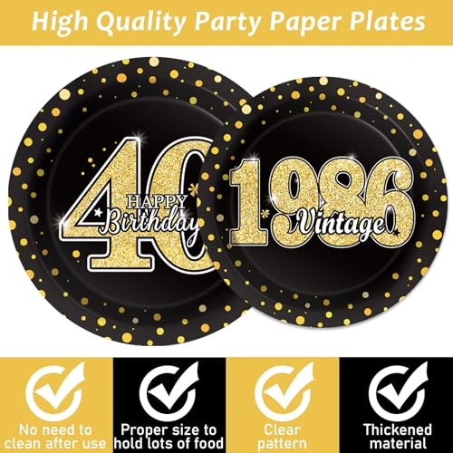 Image of 40th Theme Bithday Party Tableware Vintage 1986 Party Supplies 40 Year Old Birthday Decorations Plates Napkins Forks Black and Gold Dinnerware Favors for Men or Women