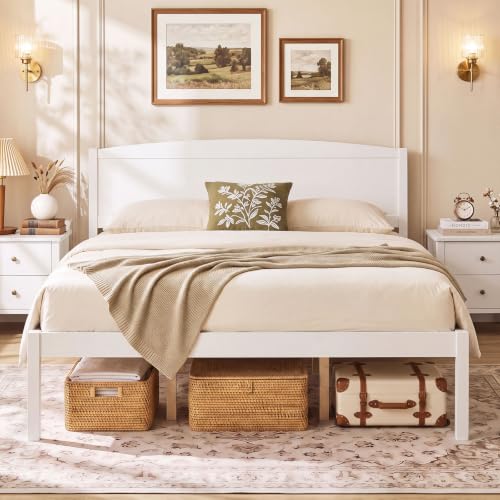 Image of GIANTEX Queen Size Wooden Bed Frame w /Curved Headboard, Wood Slat Support | Farmhouse Platform Bed w /Heavy Duty Mattress Foundation, Under-Bed Storage Space, No Box Spring Needed, Easy Assembly