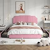 VECELO Queen Bed Frame with 4 Storage Drawers & Upholstered Platform &Tufted Adjustable Headboard/Mattress Foundation/Wood Slat Support,Easy Assembly,Pink