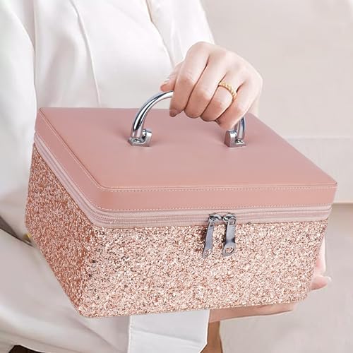 Image of FADAK Leather Cosmetic Makeup for Beauty Case Wedding Makeup Box Travel Large Vanity Mirror Storage Jewelry Bridal Box 22.50x 18.75x11.75 cm (Pink) Medium