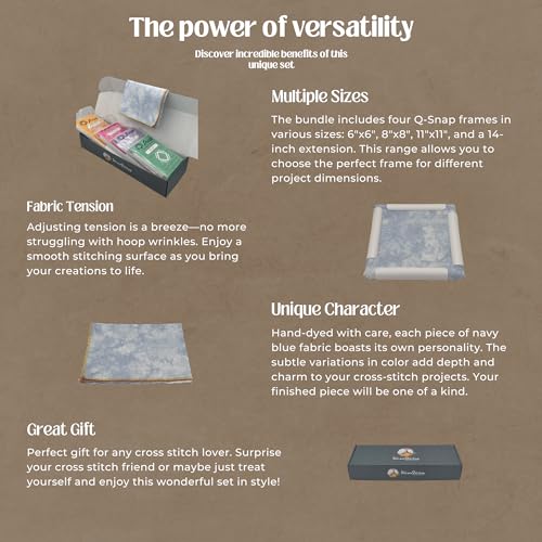 Image of VolcanoStitching Q-Snap Cross Stitch Frame Embroidery Bundle - 6x6, 8x8, 11x11 and Extension Kit Q-Snaps Set with Hand-Dyed Aida 18 Count Cross Stitch Fabric