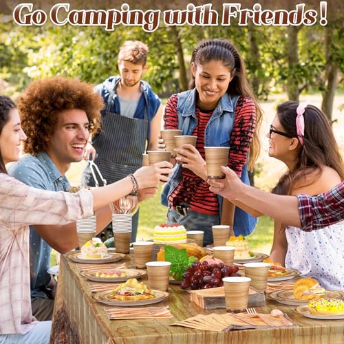 Image of Funnymoom 452 Pcs Camping Wood Grain Party Decorations Rustic Wood Disposable Paper Plates Napkins Cups Tablecloth Cutlery Straws for Forest Themed Party Decorations Hunting Birthday Supplies