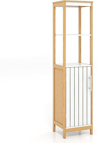 Tangkula Armario alto de baño, gabinete de almacenamiento estrecho independiente con puerta, estantes y estante ajustable, soporte de torre de lino