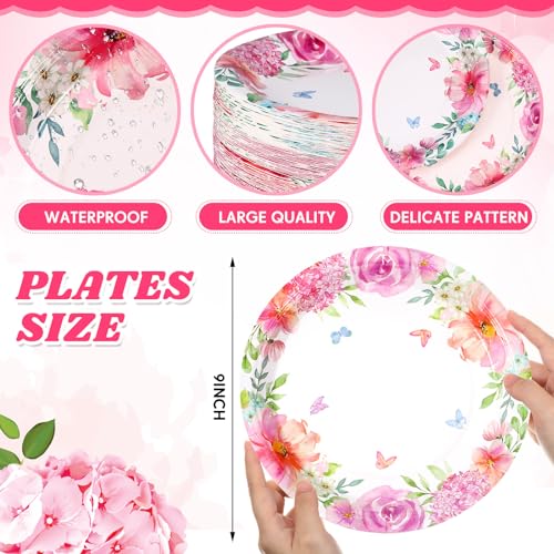 Sunnyray 100 Pieces Spring Floral Paper Plates 9 Inch Pink Disposable Floral Plates Tea Party Supplies Dinnerware for Garden Wedding Birthday Baby Shower Bridal Shower