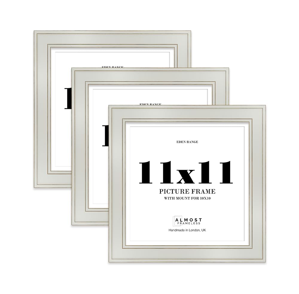 11x11" Light Grey Square Picture Frame with 10x10" Mount - Shabby Chic Photo Frame with Distressed Finish, Gold Trim, Wall Hooks and Kickstand, 37mm Edge - 3 Pack โ image 1