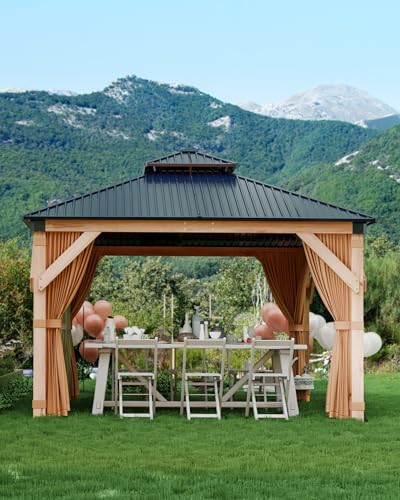 Hardtop Wood Gazebo 12'x12' for All Weather, with Double Metal Roof, Heavy Duty Wooden Frame, Net, and Curtain, Permanent Building for Patio, Deck, Backyard, Lawn, and Garden, Khaki