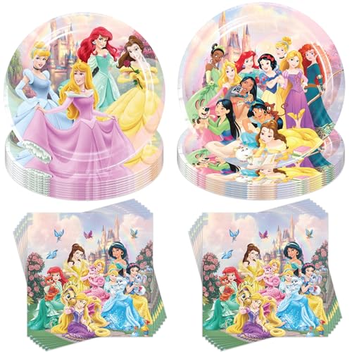 Jiahuade Princess - Lot de 40 vaisselle de fête pour anniversaire d'enfant - Thème princesse - Avec assiettes en carton, gobelets, serviettes, nappe, pailles - Pour 10 invités