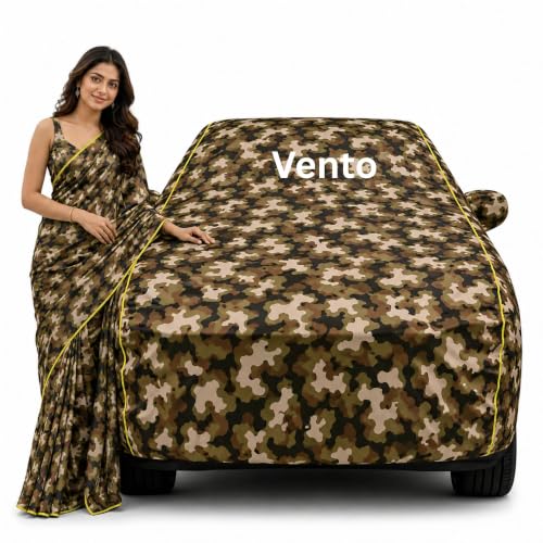Image of 100% Waterproof Car Cover for Vento All Weather Protection with Mirror Pocket Inner Cotton Layer Triple Stitched Cover with Adjustable Belt Bottom Elastic to Secure Fit-Jungle