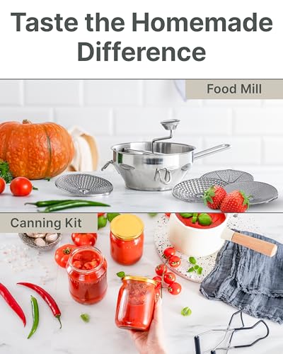 Upgraded 4-Disc Stainless Steel Food Mill – Ergonomic Rotary Design for Tomato Sauce, Applesauce, Baby Food, Mashed Potatoes, Jams, and More