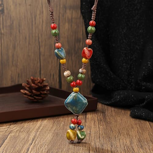 DS Boho Beaded Necklace for Women–Colorful Ceramic & African Tribal Beads, Adjustable Long Chunky Bohemian Jewelry with Gift Box Packaging,Hippie Witchy Vintage Handmade Fashion Statement Necklace2