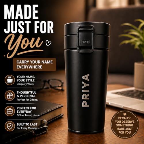 Image of Fitness Mantra Custom Name Engraved Coffee Mug 380ml | Personalized Stainless Steel Travel Mug | Leak Proof, Double Wall Insulated | Unique Gift for Men & Women | Hot & Cold Thermal Cup