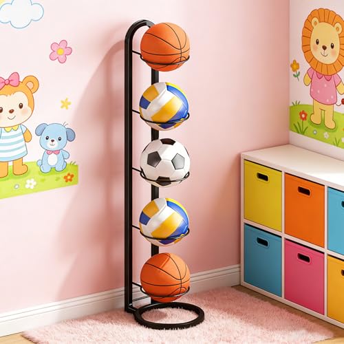 CAIEJSAEN Ballständer Metall, 5 Stufiger Vertikale Ballregal für Ball Aufbewahrung, Abnehmbare Ballhalter für Basketball, Fußball, Volleyball, Schläger, für Indoor und Outdoor, Schwarz