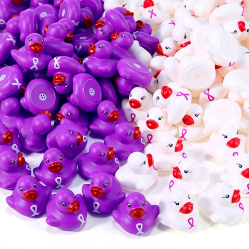 Lunmon 200 Pcs Purple and White Rubber Ducks Bulk Alzheimers Awareness Product Domestic Violence Awareness Ribbon Duck Float Mini Bath Toy Bulk Pancreatic Cancer for Charity Event Supplies