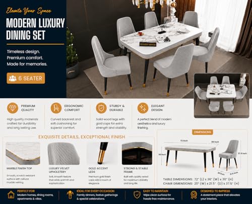 Image of WOODEN SPACE 6-Seater Wooden Dining Table Set | Nano Composite Marble Top | Solid Wood Base | Modern Dining Room Furniture with 6 Chairs (Light Grey Modern Vento)