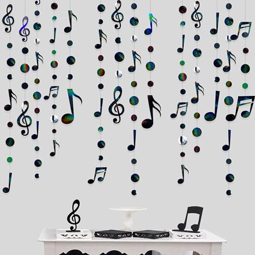 Image of Music Party Decorations Black Iridescent Music Notes Polka Dot Garland Musical Notes Cutouts Streamer for Music Concert 50's Theme Birthday Wedding Bachelorette Hen Party Supplies