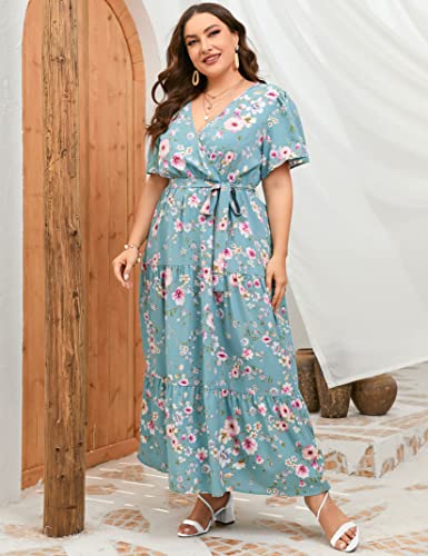 Image of ShopWonder Womens Plus Size V Neck Wrap Maxi Dress High Waist Ruffle Summer Casual Dress with Belt